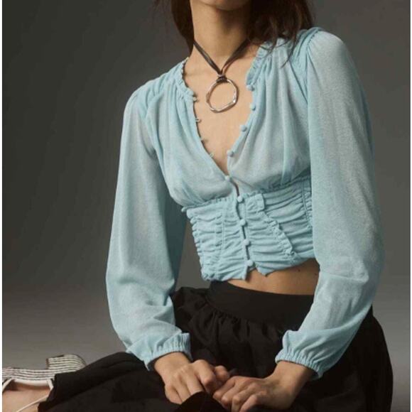 By Anthropologie Women's Corset Femme Blouse Top Long Sleeve Sheer Blue XS - Picture 1 of 8